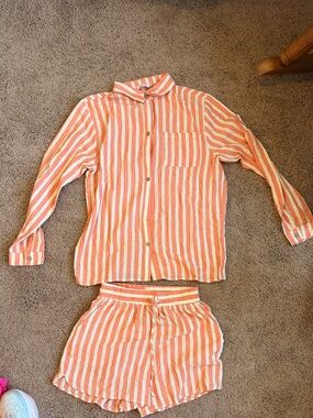 Pink Lily Orange & White Striped Set - Button-Up Top & Shorts
